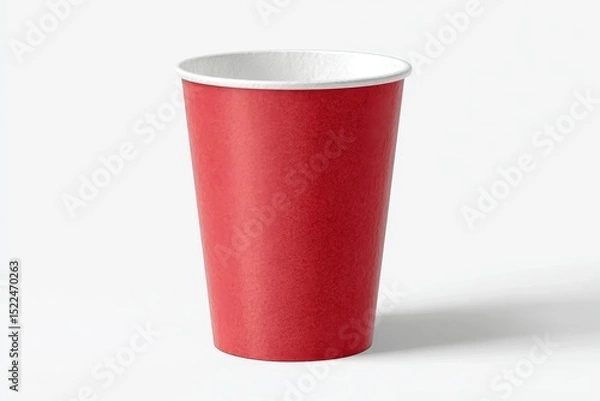 Fototapeta Red Paper Cup on a White Background, Minimalist Design for Beverage Mockups and Advertising Use