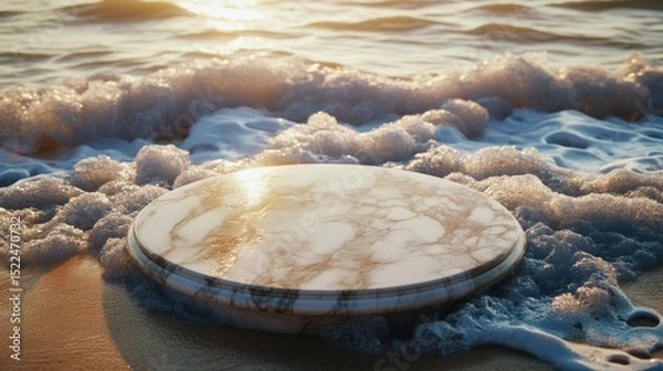 Fototapeta Round marble surface on a sandy beach, washed by waves.