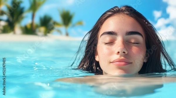 Fototapeta Serene Moment in a Pool, young woman with dark hair, eyes closed, basking in sunlight, gentle water waves, palm trees and blue sky blurred in background