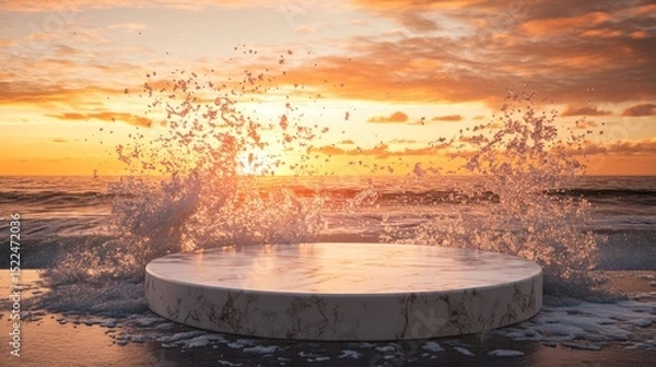 Fototapeta Marble pedestal at the beach during sunset with splashing waves.