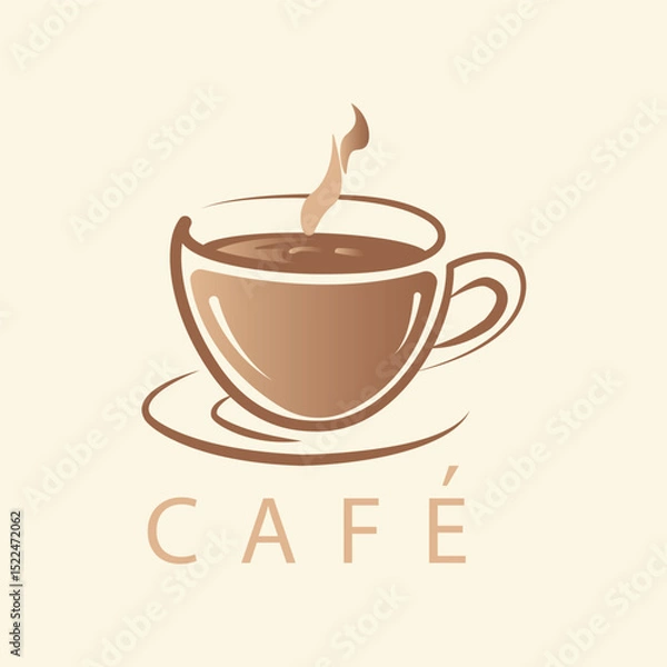 Obraz Minimal coffee cup logo with steam in soft brown tones, elegant café branding design perfect for coffee shop signs, menus, or modern beverage packaging visuals.