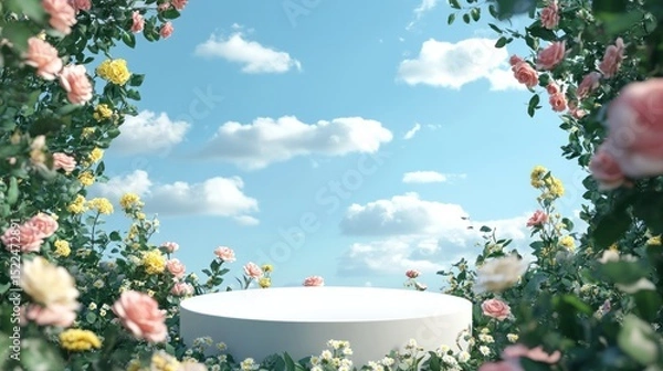 Fototapeta White pedestal surrounded by colorful roses and flowers against a partly cloudy sky.