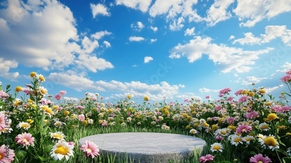Fototapeta A round stone pedestal in a field of flowers under a vibrant sky.