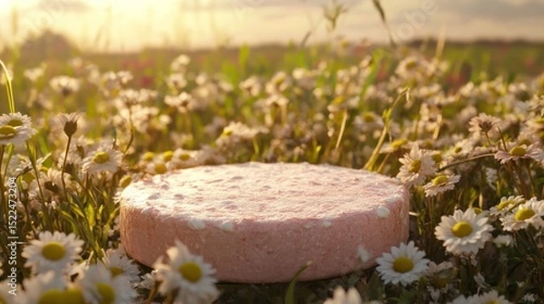 Fototapeta Pink disc-shaped object amongst wildflowers in a field.