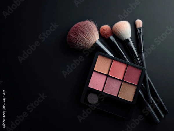 Obraz Minimalistic elegant arrangement of blush palettes and makeup brushes on dark background, showcasing beauty tools for makeup application and artistry