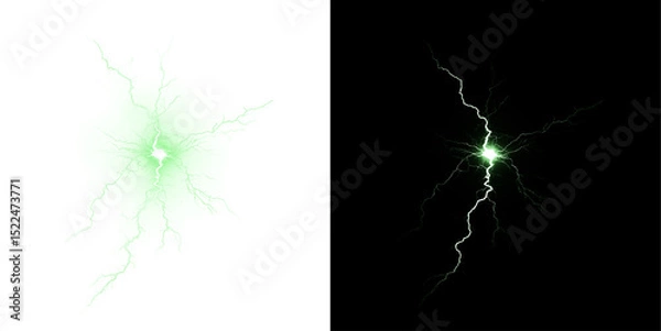 Obraz Lightning strike, electric power, green energy, minimalistic, thunderstorm — realistic PNG effect with night arc bolt. Transparent PNG Overlay for photo, shock style, and modern nature electricity vis