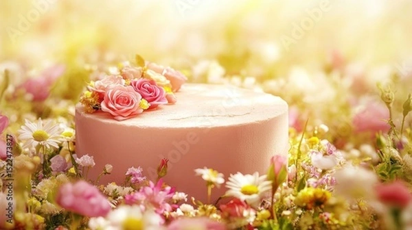 Fototapeta Pink cake adorned with flowers in a garden setting.
