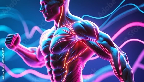 Fototapeta A 3D rendering of a human figure with visible muscle groups highlighted and glowing in neon colors