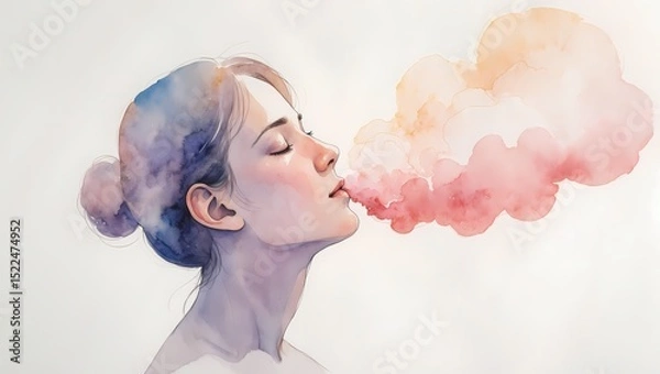 Fototapeta A delicate watercolor painting of a person inhaling deeply with a soft cloud-like exhale expanding outward