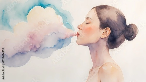 Fototapeta A delicate watercolor painting of a person inhaling deeply with a soft cloud-like exhale expanding outward
