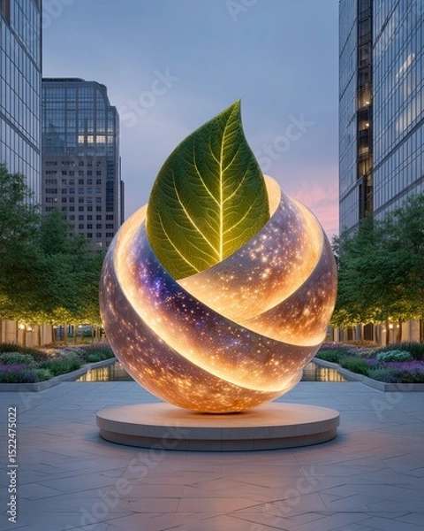Fototapeta Youth-led environmental justice campaigns, A glowing orb with a leaf sculpture, symbolizing nature and innovation. Climate justice movements with activists demanding change, Visuals of global climate 