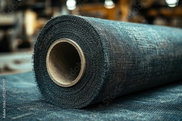 Fototapeta A roll of dark gray woven fabric, possibly burlap or geotextile, sits on a similar surface. Industrial setting.
