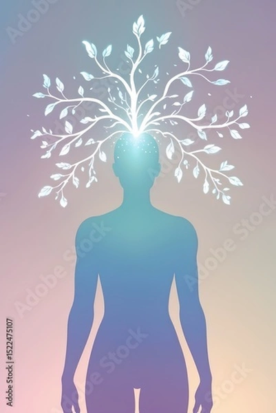 Fototapeta A full-body silhouette of a person with light trails emerging from their head forming leaves and branches that float around them