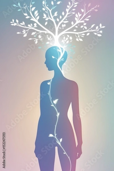 Fototapeta A full-body silhouette of a person with light trails emerging from their head forming leaves and branches that float around them