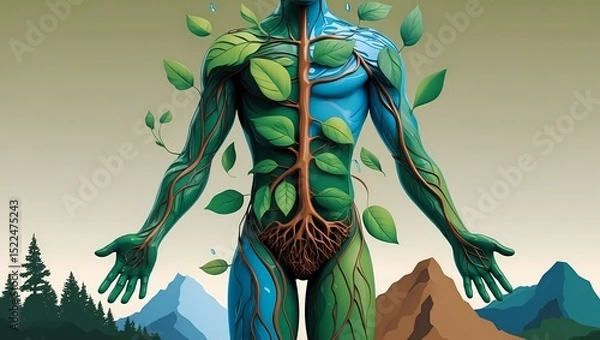 Fototapeta A highly stylized human body formed by merging abstract representations of earth elements: water flowing through the veins leaves for limbs and the body surrounded by mountains and trees