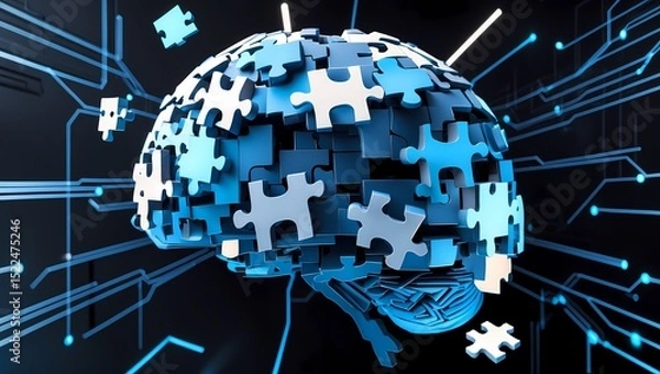 Fototapeta A futuristic pixelated human brain composed of abstract puzzle pieces each piece floating and shifting in the air with soft blue and white digital light effects