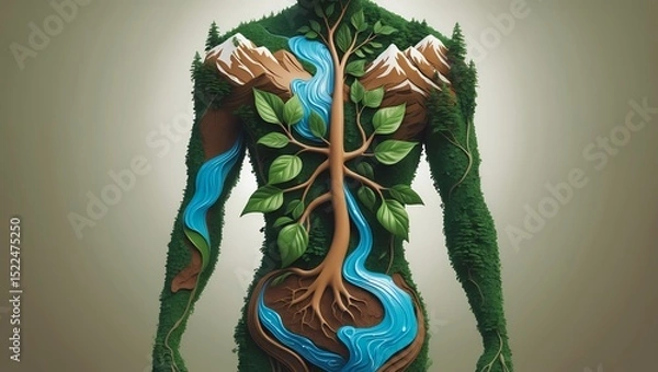 Fototapeta A highly stylized human body formed by merging abstract representations of earth elements: water flowing through the veins leaves for limbs and the body surrounded by mountains and trees