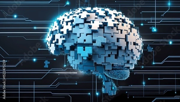 Fototapeta A futuristic pixelated human brain composed of abstract puzzle pieces each piece floating and shifting in the air with soft blue and white digital light effects
