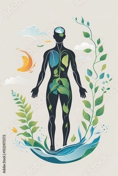 Fototapeta A human figure surrounded by abstract representations of earth elements (wind water plants) flowing gently around them