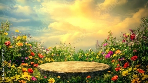 Fototapeta Colorful flower meadow with a wooden stump in the center.