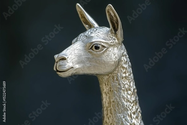 Fototapeta Close-up of a meticulously crafted silver llama figurine, showcasing intricate details and a lifelike expression.