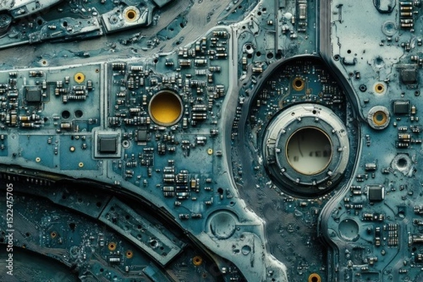 Fototapeta Close-up of a weathered circuit board, revealing intricate electronic components and pathways.