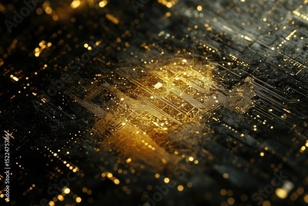 Fototapeta Abstract close-up of a golden circuit board, showcasing intricate technological details and glowing connections.