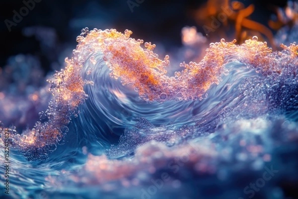 Fototapeta A mesmerizing wave of iridescent bubbles, glowing with warm light, creates a surreal and ethereal underwater scene.