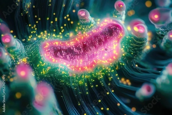 Fototapeta Abstract digital artwork depicting a circuit board within a vibrant, glowing bioluminescent structure.