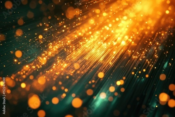 Fototapeta Glowing fiber optic strands radiate light, creating a dynamic, abstract bokeh effect.