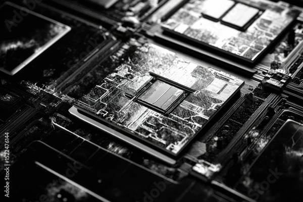 Fototapeta Close-up of a microchip's intricate circuitry, showcasing technological complexity.