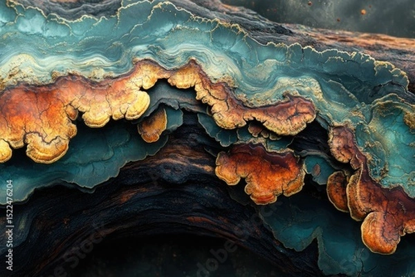 Fototapeta Vibrant layers of fungi on dark wood, showcasing intricate textures and rich colors.