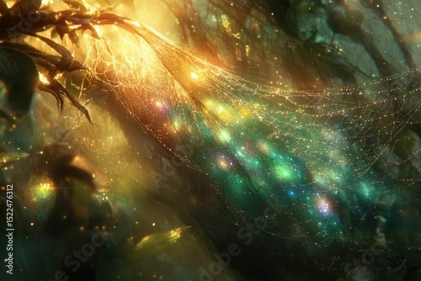 Fototapeta Enchanted forest scene with a mystical golden web glistening with dew, ethereal light, and vibrant colors.