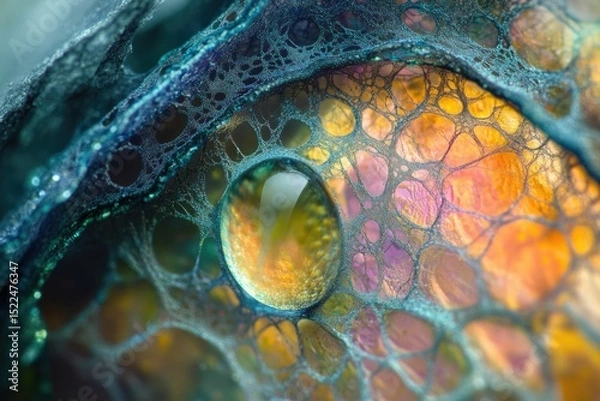 Fototapeta A water droplet rests on a vibrant, intricate, web-like structure, showcasing a captivating interplay of colors and textures.