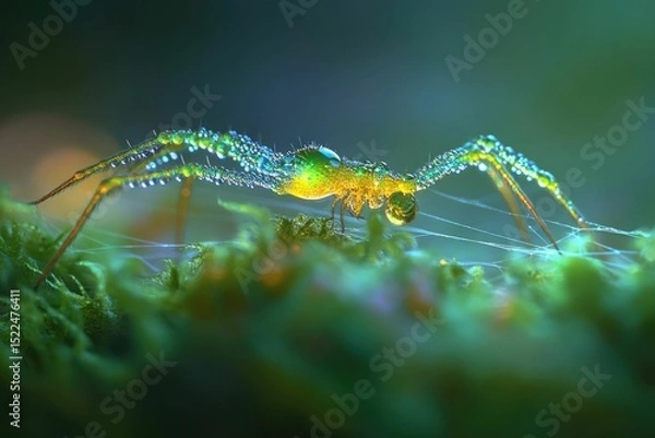 Fototapeta A tiny spider, glistening with morning dew, clings to a vibrant green moss.