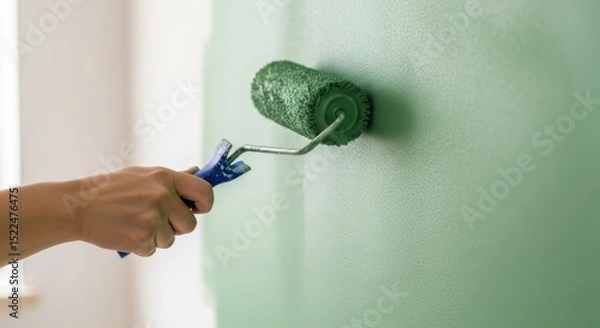 Obraz Hand painting a wall with green paint using a roller home improvement and diy project