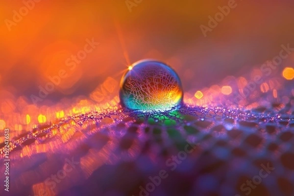 Fototapeta A vibrant water droplet rests on a dew-kissed web, showcasing iridescent colors and bokeh.
