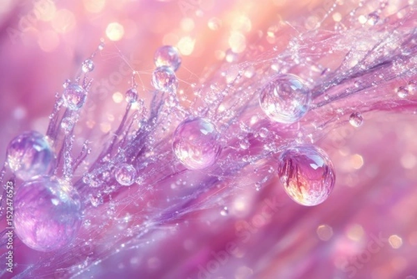 Fototapeta Dewdrops cling to delicate pink plant fibers, creating a dreamy, ethereal scene.