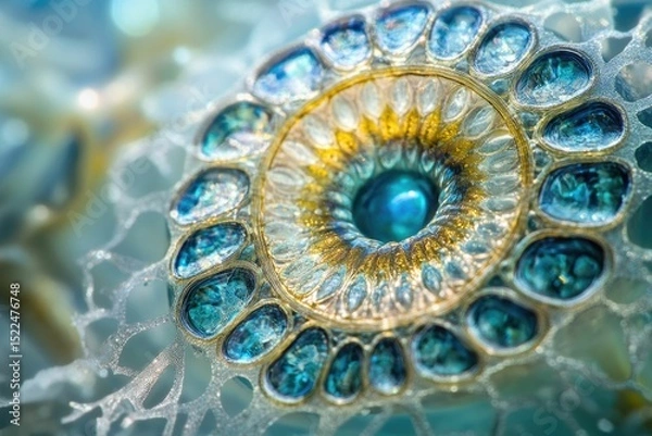 Fototapeta Microscopic view of intricate, jewel-toned cellular structure with radial symmetry.