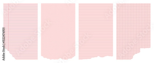 Obraz Pink paper templates with torn edges. Set of lined, grid, dot blank pages with rough edges.