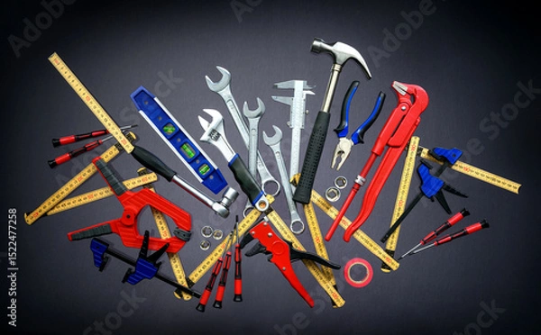 Fototapeta A set of many tools on gray background with eye-catching lighting. Suitable to represent work, craftsmanship, handcraft, carpentry or home improvement. 