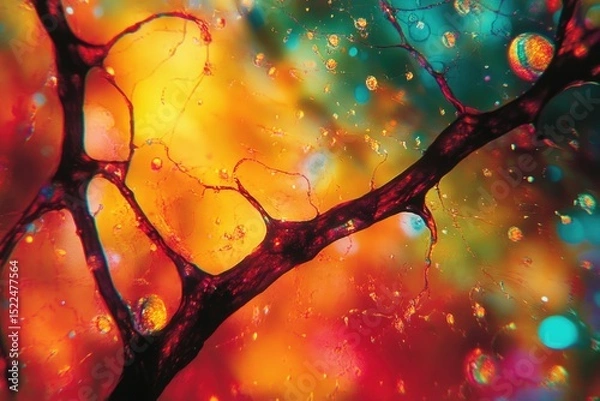 Obraz Microscopic view of a neuron with vibrant, colorful background showcasing its intricate network.
