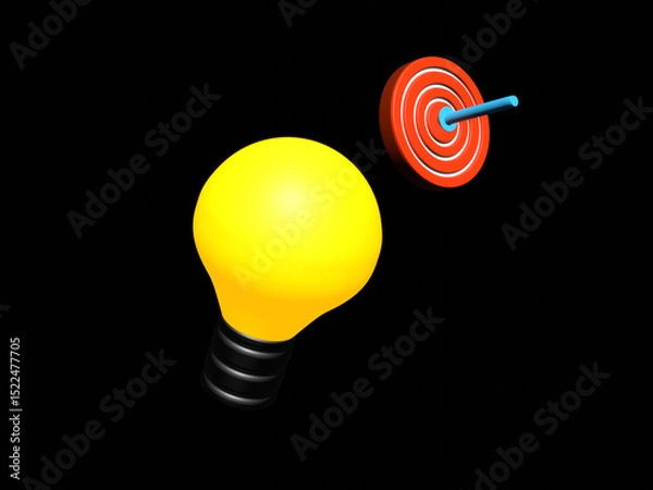 Fototapeta 3D vector Yellow light bulb with target mark verify isolated on pastel background. startup icreativity idea technology innovation vision combine investment concept. 3d render illustration