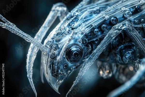 Fototapeta Close-up of a biomechanical ant, intricate design, metallic-glass texture, detailed 3D rendering.