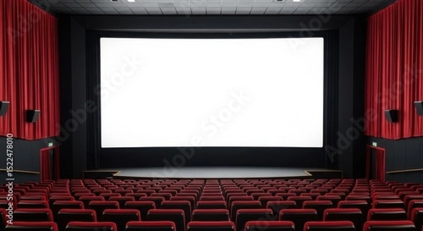 Fototapeta Empty movie theater with blank screen red seats and curtains symbolizing potential and cinematic experience