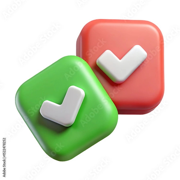 Obraz 3D Checkmark Icons – Green and Red Tick Symbols on Transparent Background..