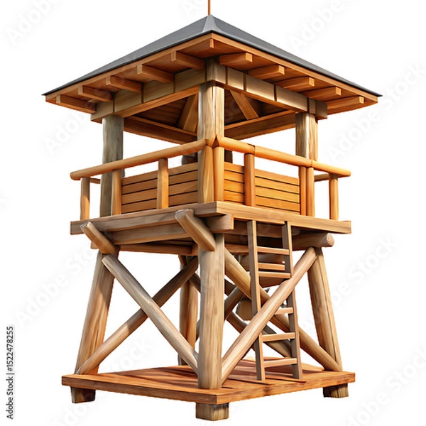Obraz 3D Wooden Watchtower Isolated on Transparent Background – Observation Deck Illustration