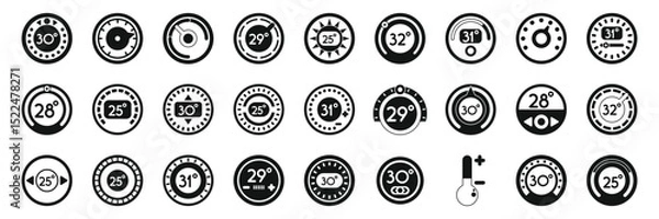 Obraz Thermostat ui icons set. Set of simple black round icons showing different temperatures in celsius and fahrenheit, ideal for representing temperature control in various contexts