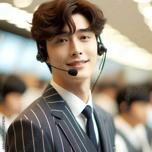 Fototapeta Smiling Asian Male Call Center Agent Wearing Headset in Modern Office for Customer Support and Communication Service Concept with Generative AI.