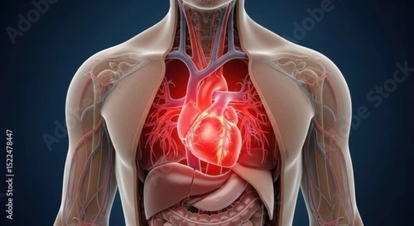 Fototapeta Human heart anatomy illustration showing cardiovascular system and blood vessels with glowing red heart symbolizing health and circulation